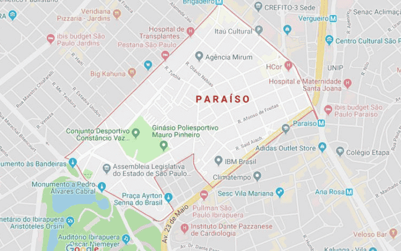 Mapa mostrando a localização do Hospital e Maternidade Santa Joana na Rua Dona Maria César, 92, bairro Paraíso, São Paulo – SP.